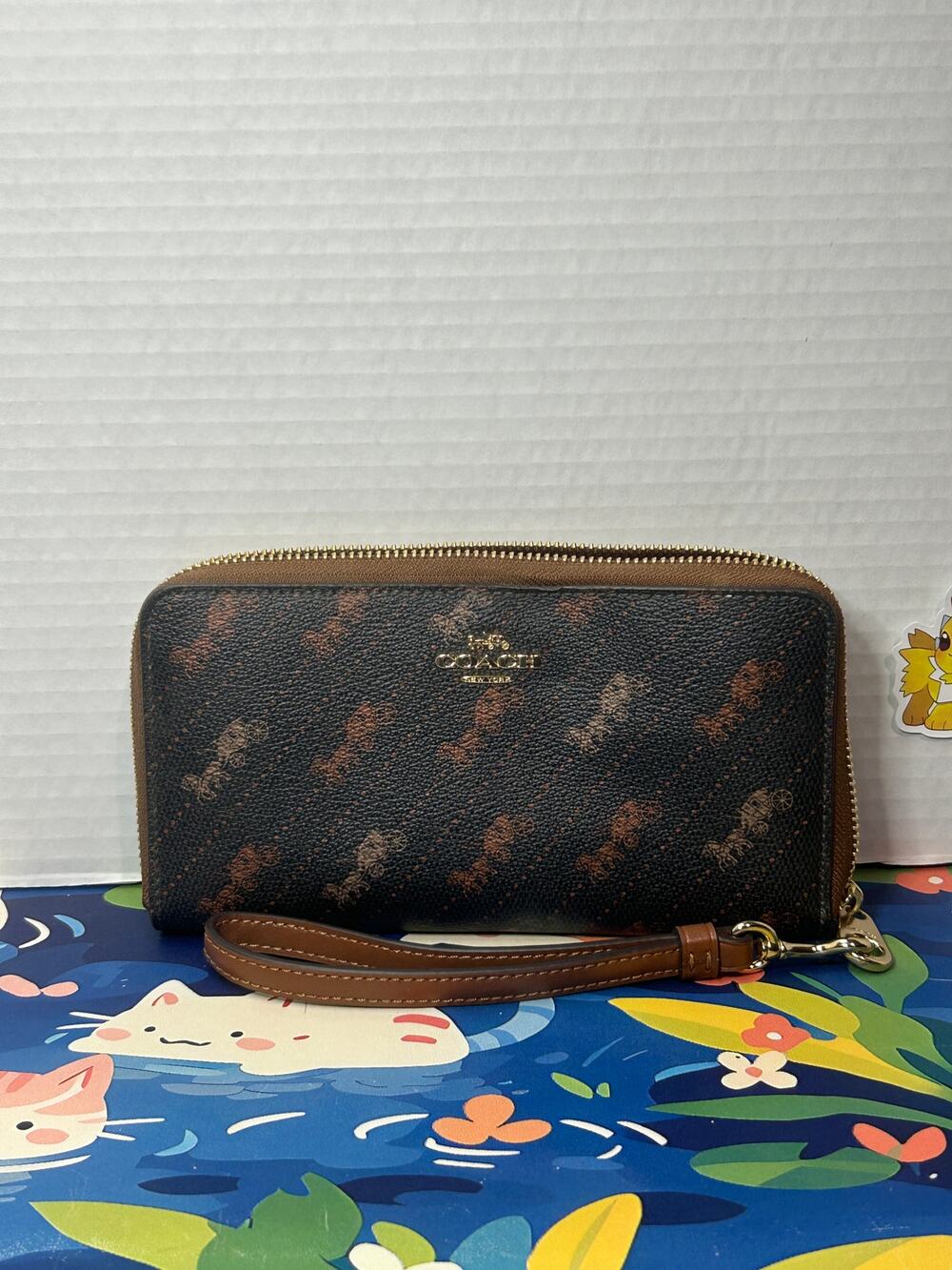 Coach Wallet Long Wallet Black Horse and Carriage Dot Print Wristlet Brown
